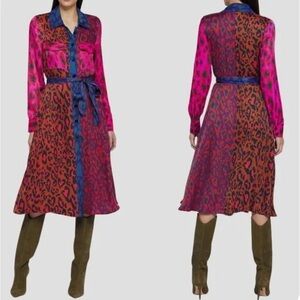 Farm Rio Pink and Brown Leopard Print Button-Front Shirt Dress